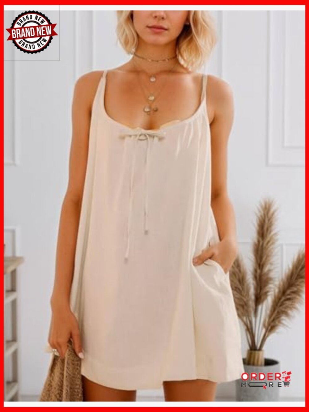 Mini Linen Cover Up Sundress Spaghetti Strap Sleeveless with Pockets - Picture 3 of 5